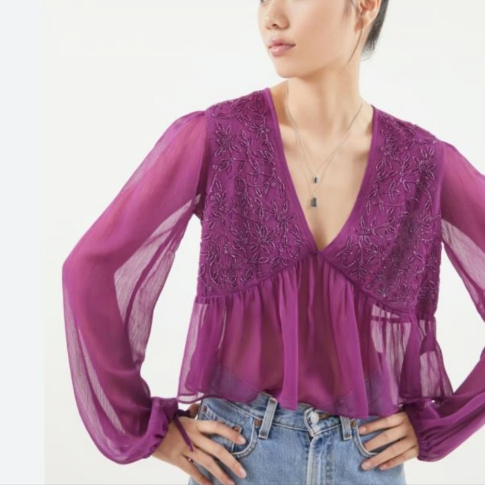 Urban Outfitters Boho Top Flowy Peasant Blouse Beaded Festival Hippie Top